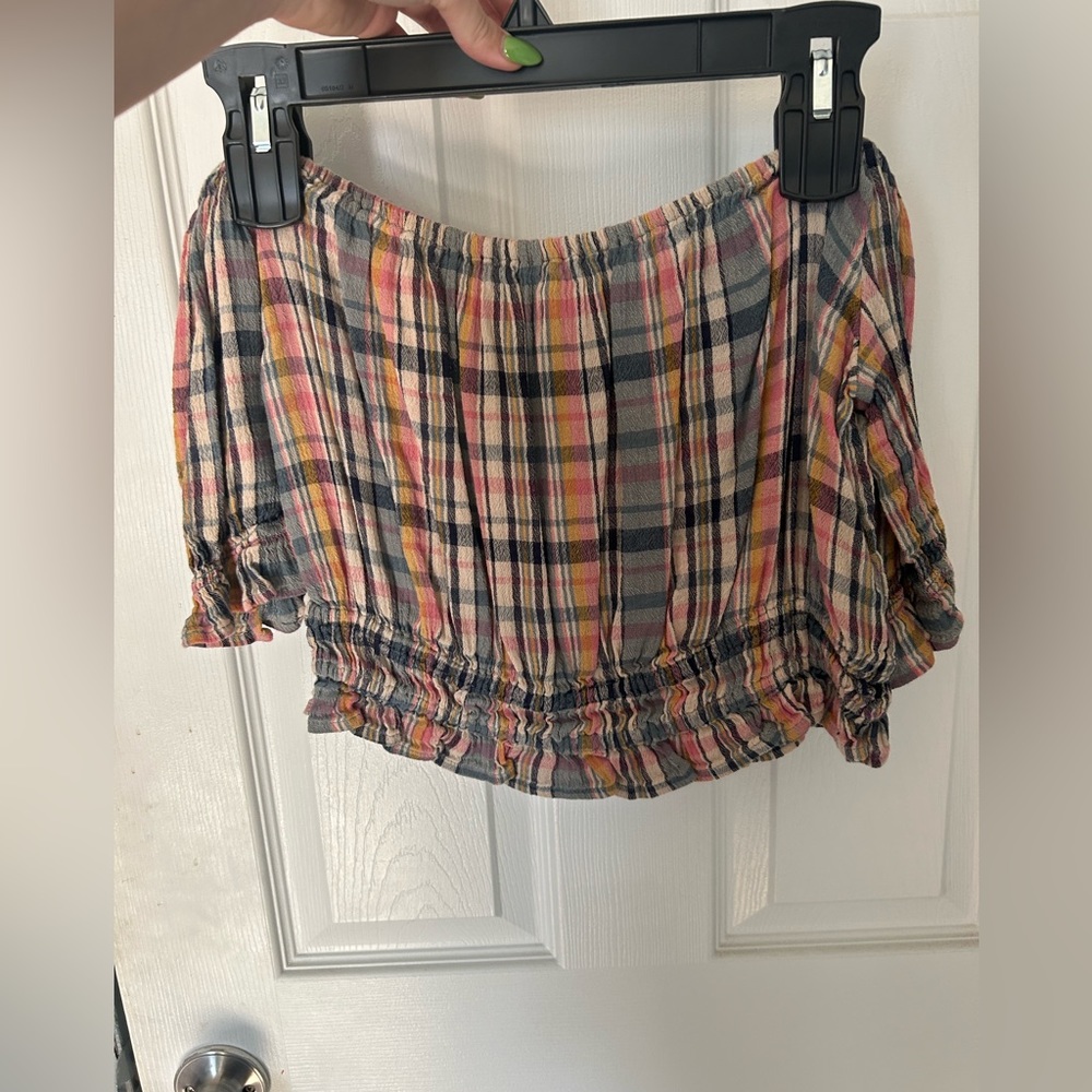 Plaid off the shoulder blouse